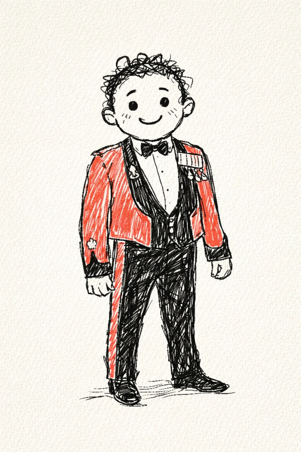 Sketch of Peter in Royal Engineers Mess Dress: scarlet jacket, bow tie and medals